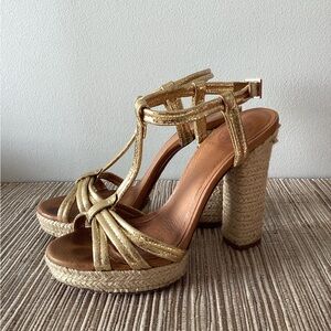 Tory Burch Gold Metallic Strappy Rope High Heel Designer Shoes 8